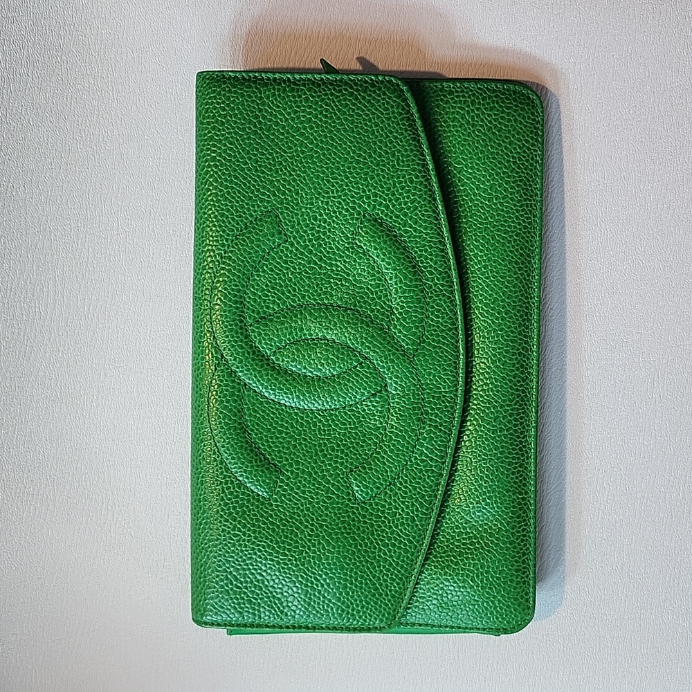 Authentic CHANEL big wallet with gold hardware pre-owned green
